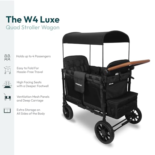 WONDERFOLD W4 Luxe Quad Stroller Wagon (4 Seater) - Collapsible Wagon Stroller with Seats with Magnetic Buckle 5-Point Harnesses and Adjustable Sun Canopy, Black