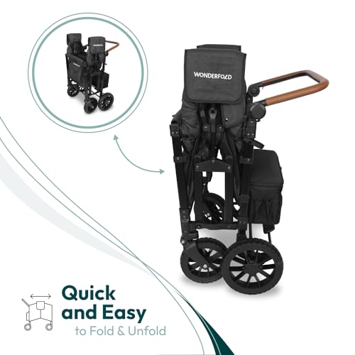 WONDERFOLD W4 Luxe Quad Stroller Wagon (4 Seater) - Collapsible Wagon Stroller with Seats with Magnetic Buckle 5-Point Harnesses and Adjustable Sun Canopy, Black