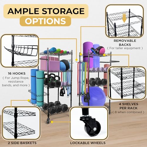 Pack of 2 Home Gym Storage Rack - Gym Equipment Storage for Workout at Home, Yoga Mat Storage Rack, Home Gym Organizer, Gym Organization for Home Gym Equipment Dumbells & More