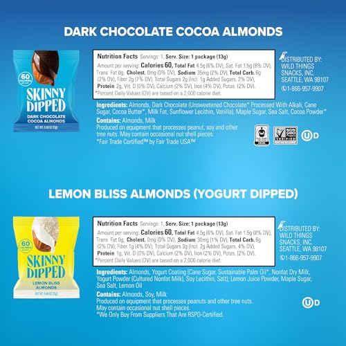 SkinnyDipped Snack Attack Minis Almond Variety Pack, Healthy Snack, Plant Protein, Gluten Free, 0.46 oz Mini Bags, Pack of 25
