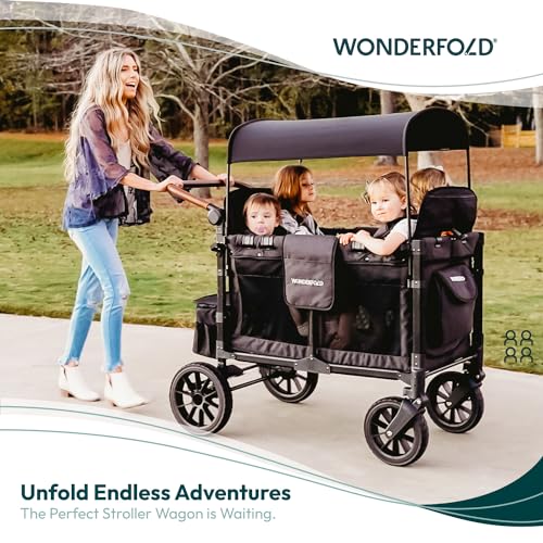 WONDERFOLD W4 Luxe Quad Stroller Wagon (4 Seater) - Collapsible Wagon Stroller with Seats with Magnetic Buckle 5-Point Harnesses and Adjustable Sun Canopy, Black
