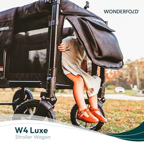 WONDERFOLD W4 Luxe Quad Stroller Wagon (4 Seater) - Collapsible Wagon Stroller with Seats with Magnetic Buckle 5-Point Harnesses and Adjustable Sun Canopy, Black
