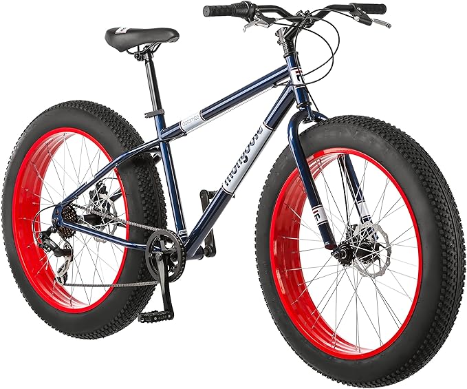 Mongoose Dolomite Fat Tire Mountain Bike, For Men and Women, 26 Inch Wheels, 4 Inch Wide Knobby Tires, 7-Speed, Adult Steel Frame, Front and Rear Brakes, Navy Blue