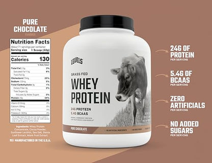 Levels Grass Fed Whey Protein, No Artificials, 24G of Protein, Pure Chocolate, 5LB