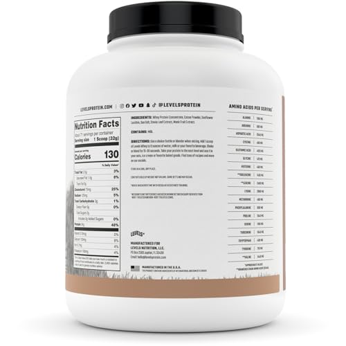 Levels Grass Fed Whey Protein, No Artificials, 24G of Protein, Pure Chocolate, 5LB