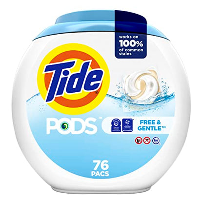 Tide PODS Free & Gentle Liquid Laundry Detergent Pacs, 76 count, Packaging may vary