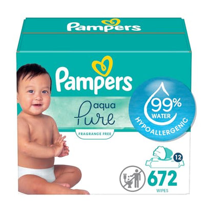 Pampers Aqua Pure Sensitive Baby Wipes, 99% Water, Hypoallergenic, Unscented, 12 Flip-Top Packs (672 Wipes Total)