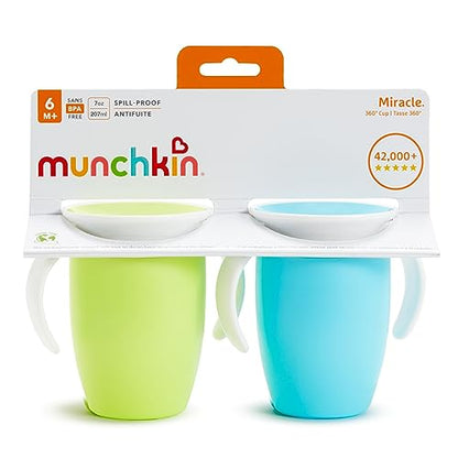 Munchkin® Miracle® 360 Trainer Sippy Cup with Handles, Spill Proof, 7 Ounce, 2 Count (Pack of 1), Green/Blue