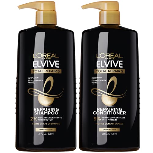 L'Oreal Paris Elvive Total Repair 5 Repairing Shampoo and Conditioner for Damaged Hair, 28 Ounce (Set of 2)