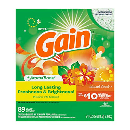 Gain Powder Laundry Detergent for Regular and HE Washers, Island Fresh Scent, 91 ounces (Packaging May Vary)