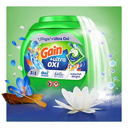 Gain flings Ultra Oxi Laundry Detergent Pacs, 112 Count, Waterfall Delight Scent, 3-in-1, HE Compatible