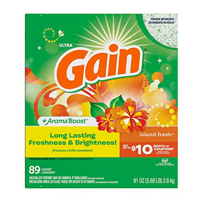 Gain Powder Laundry Detergent for Regular and HE Washers, Island Fresh Scent, 91 ounces (Packaging May Vary)