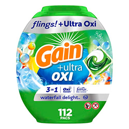 Gain flings Ultra Oxi Laundry Detergent Pacs, 112 Count, Waterfall Delight Scent, 3-in-1, HE Compatible