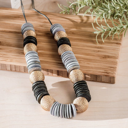 Chunky Wooden Necklace - Pastilla Grey and Black | LIKHÂ