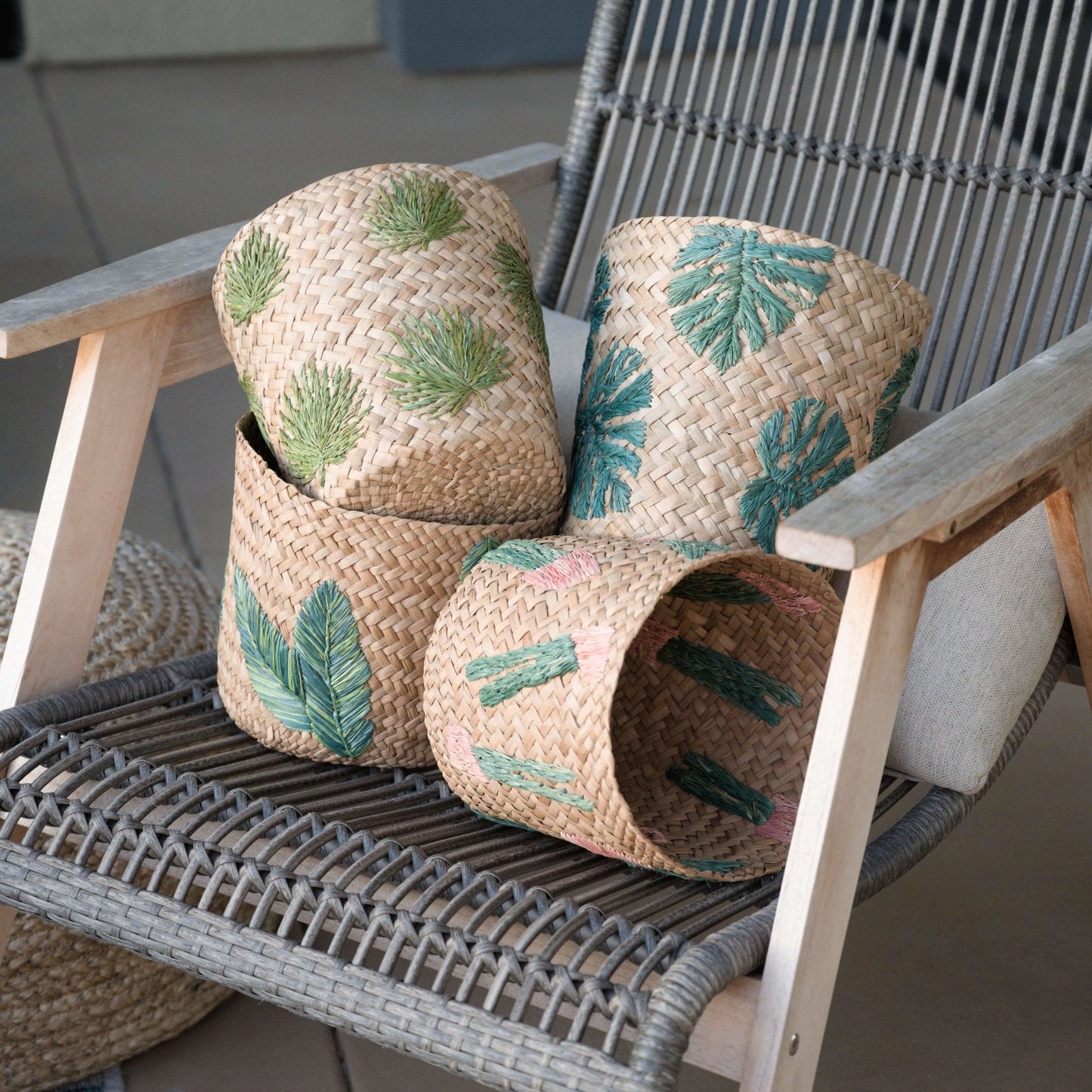 Monstera Embroidered Soft Seagrass Planter - Woven Baskets | LIKHÂ