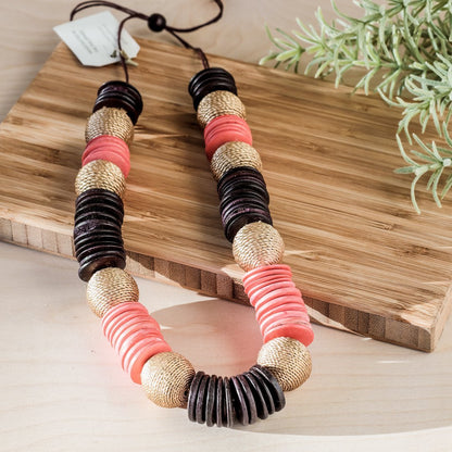 Paparazzi Wooden Necklace - Pastilla Coral and Burgundy | LIKHÂ