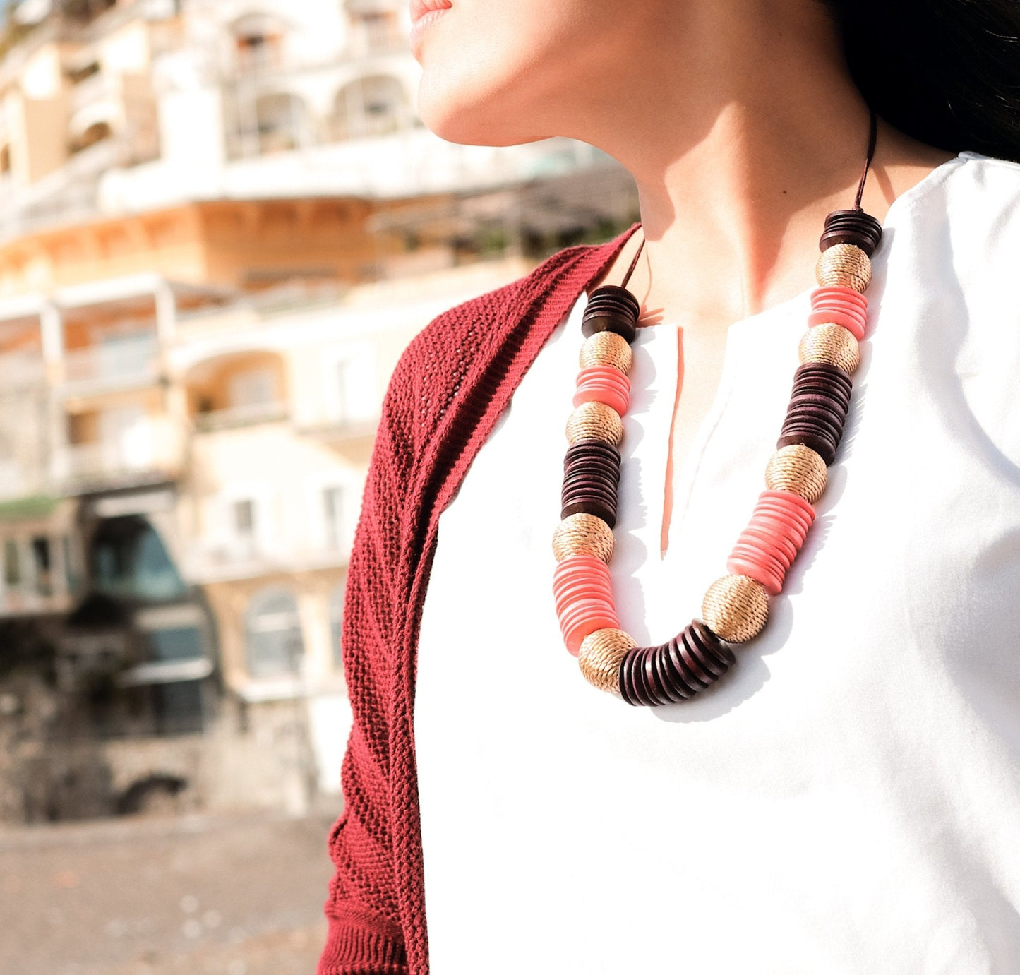 Paparazzi Wooden Necklace - Pastilla Coral and Burgundy | LIKHÂ