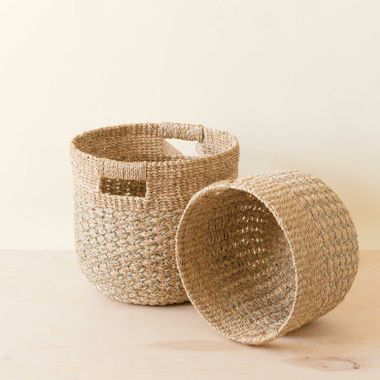 Grey + Natural Round Bottom Baskets, set of 2 - Woven Baskets | LIKHÂ