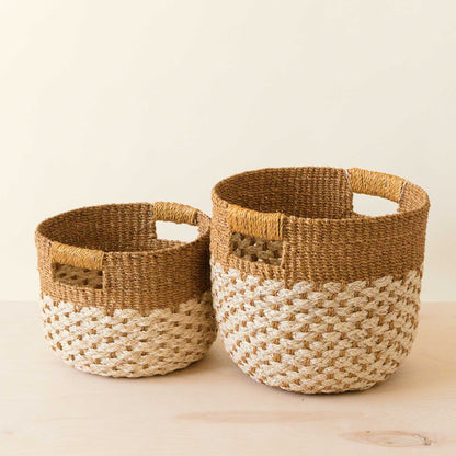 Golden Brown Round Baskets, set of 2 - Handcrafted Bins | LIKHÂ