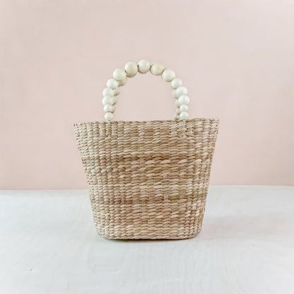 Natural Small Market Tote Bag with Wood Bead Handles - Modern Woven Tote | LIKHA