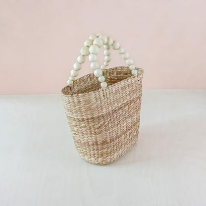 Natural Small Market Tote Bag with Wood Bead Handles - Modern Woven Tote | LIKHA