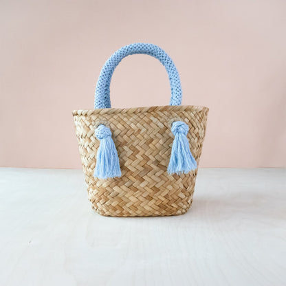 Powder Blue Small Seagrass Tote Bag with Wrapped Handles - Market Tote | LIKHA