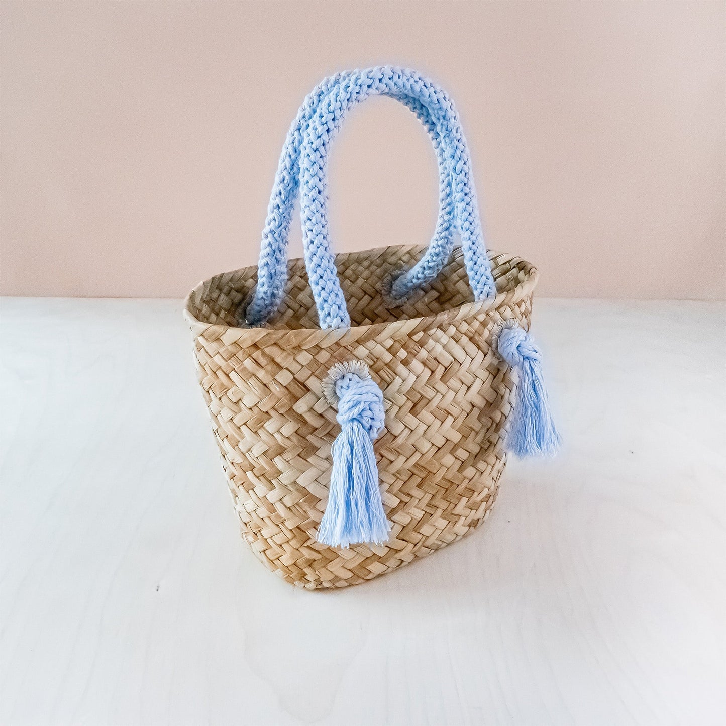 Powder Blue Small Seagrass Tote Bag with Wrapped Handles - Market Tote | LIKHA