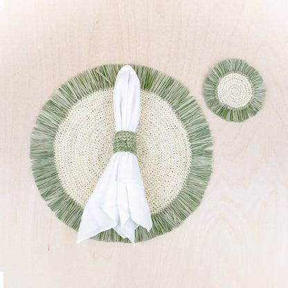 Sage Raffia Round Placemat with Fringe - Woven Placemats | LIKHA