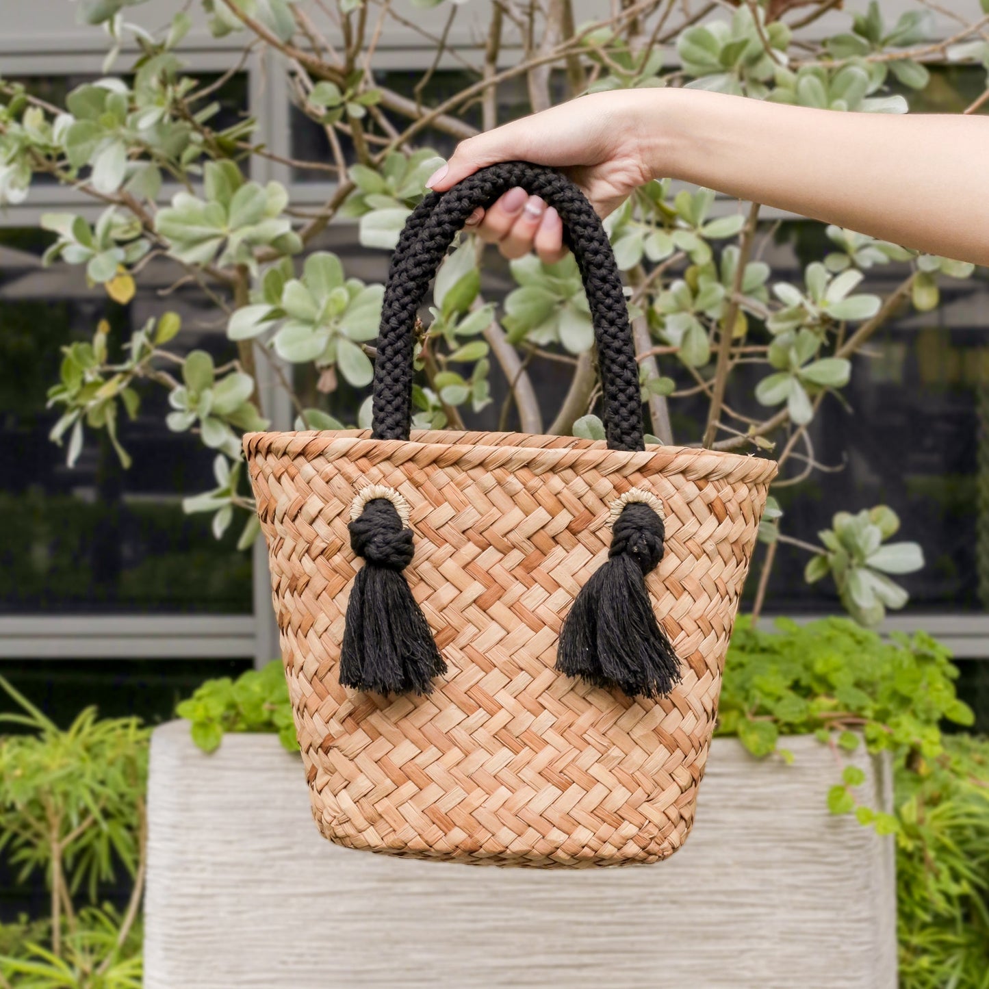 Black Small Modern Straw Tote with Cord Handles - Classic Tote Bags | LIKHA