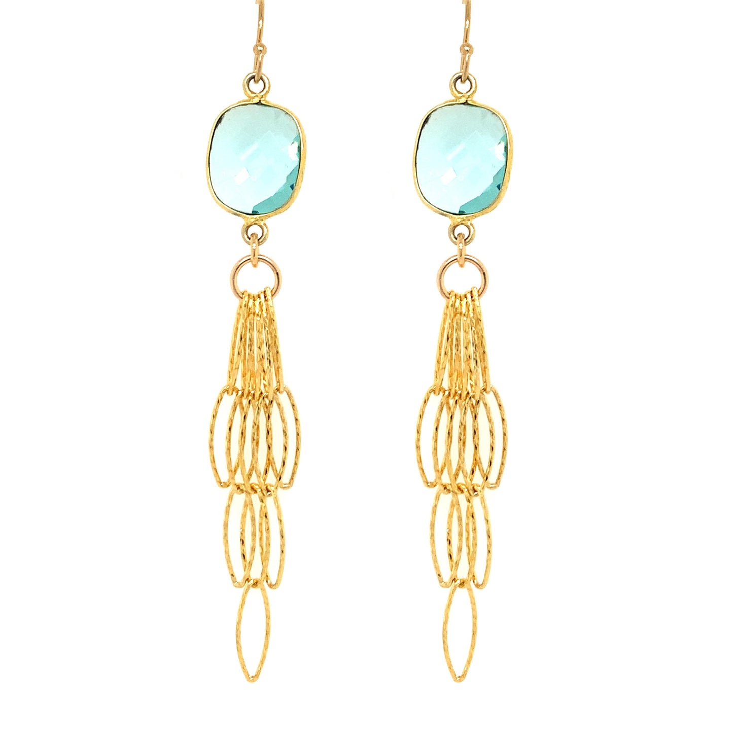 Aqua Blue Quartz Rectangle Tassel Bottom Earrings, Gold