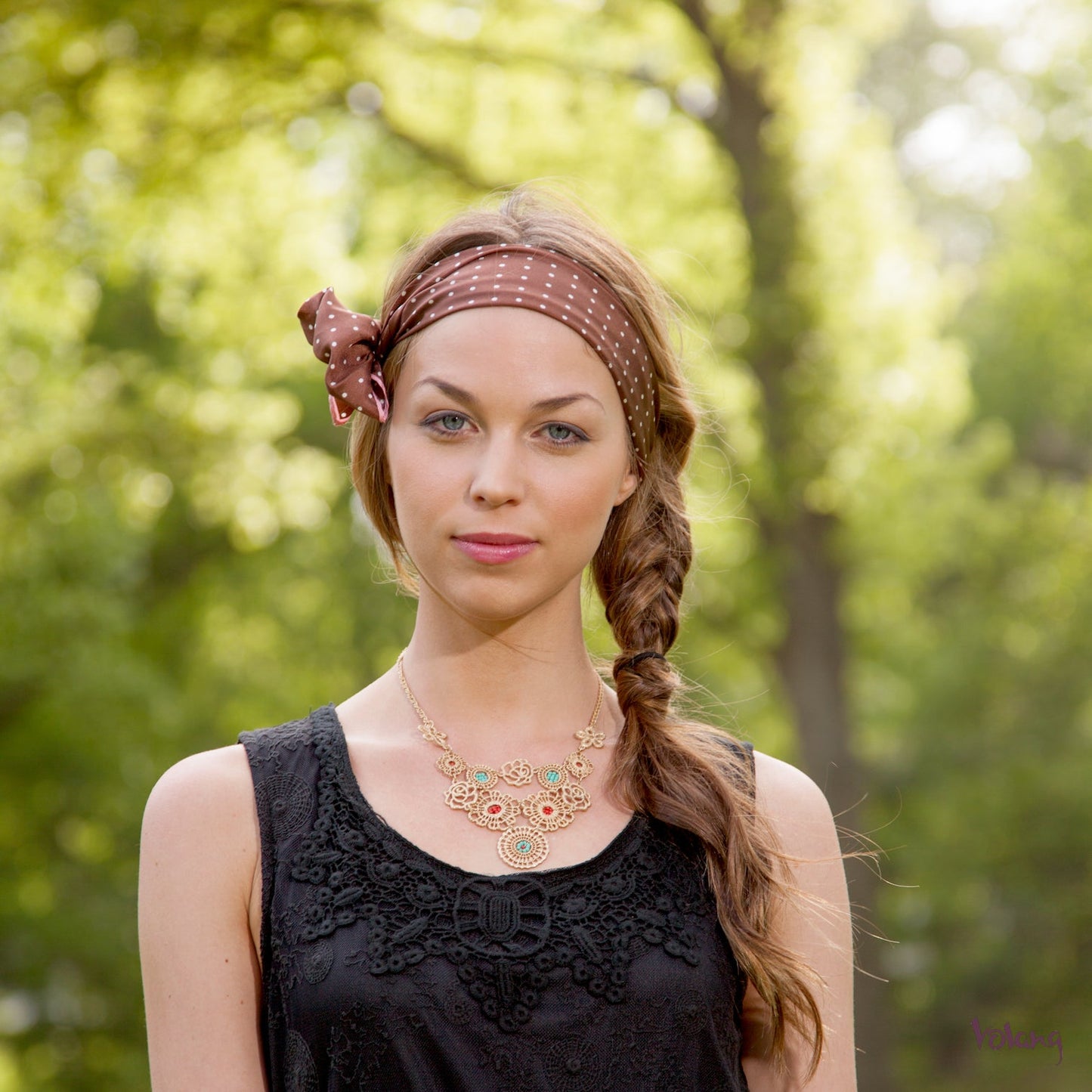 Silk Headband in Brown with Polkadots