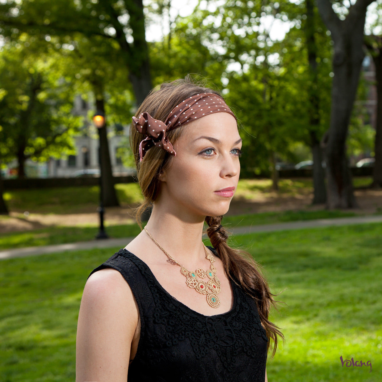 Silk Headband in Brown with Polkadots