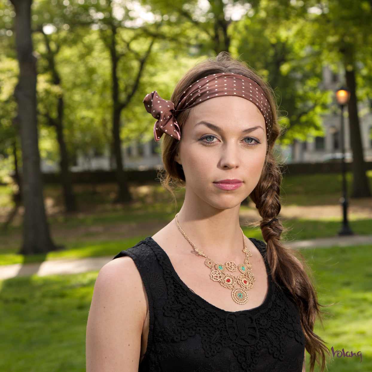 Silk Headband in Brown with Polkadots