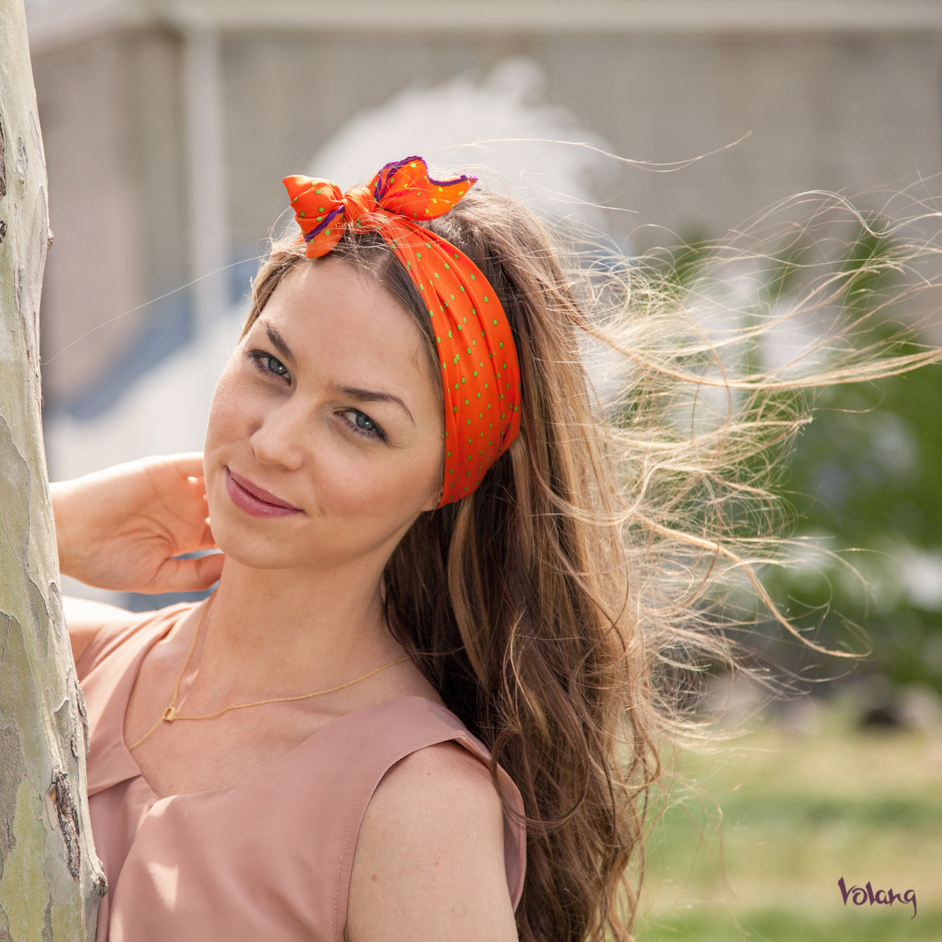 Silk Headband in Orange with Polkadots