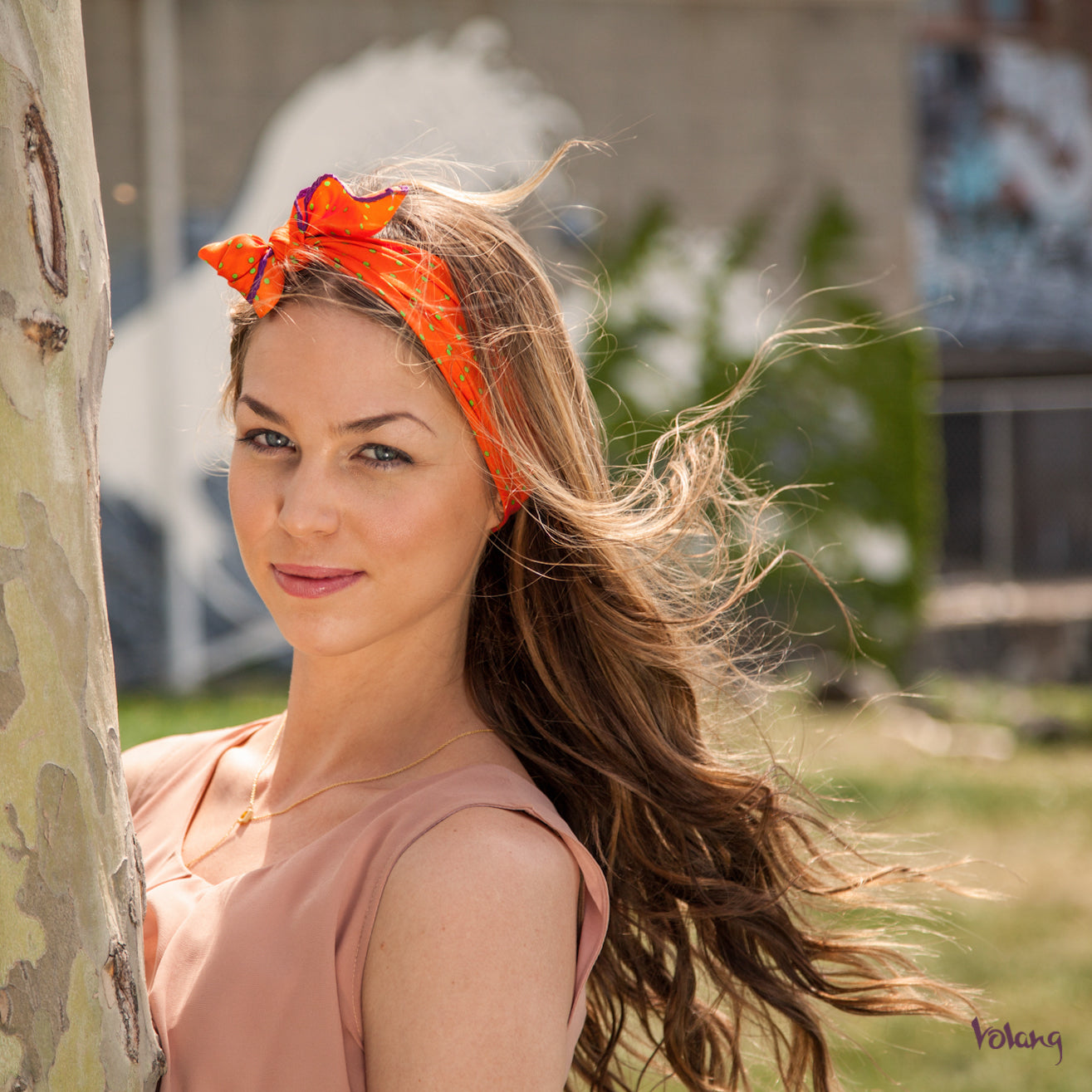 Silk Headband in Orange with Polkadots