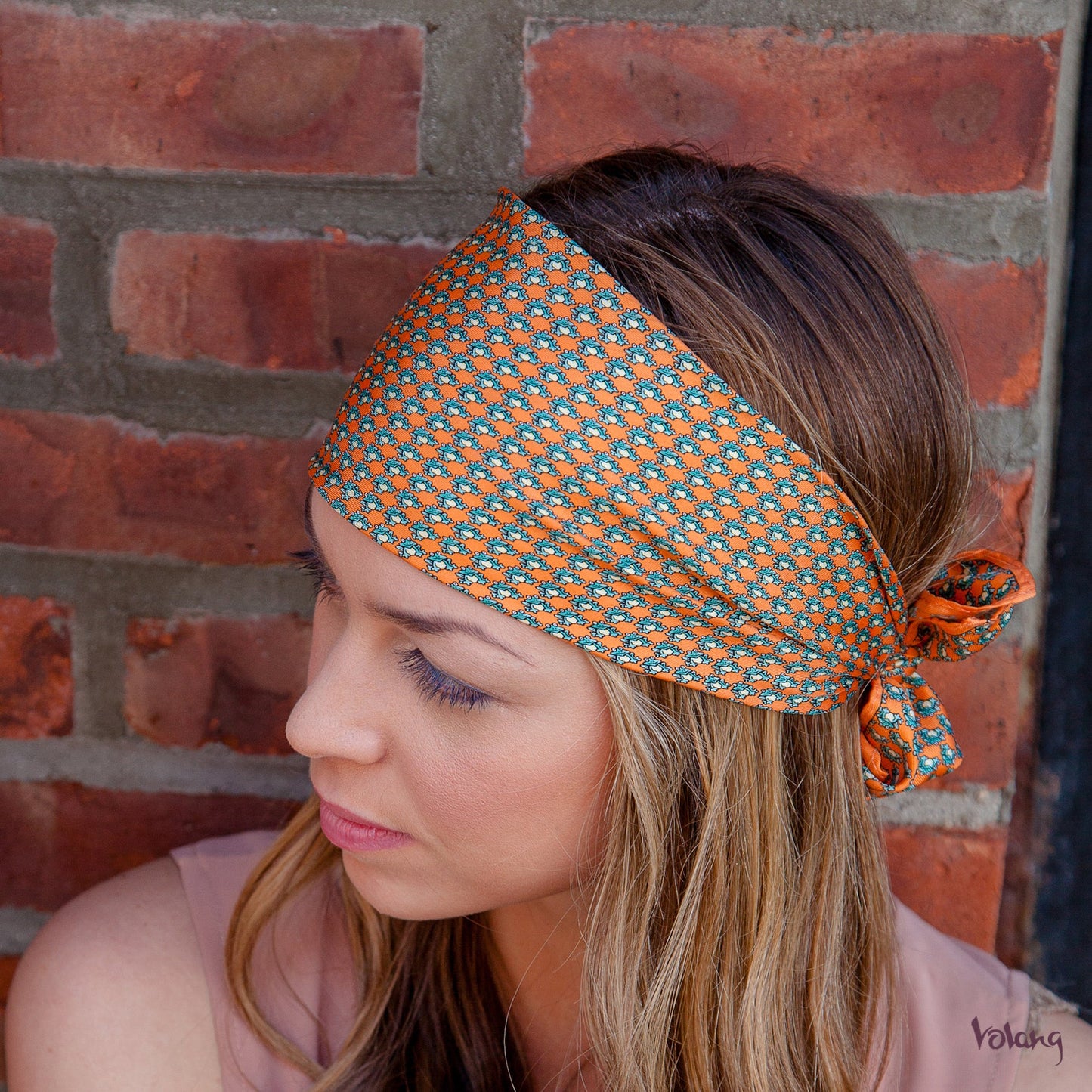 Silk Headband in Orange with Frogs