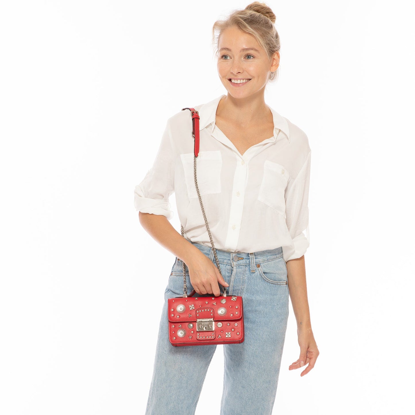 The Hollywood Studded Leather Crossbody Bag Red